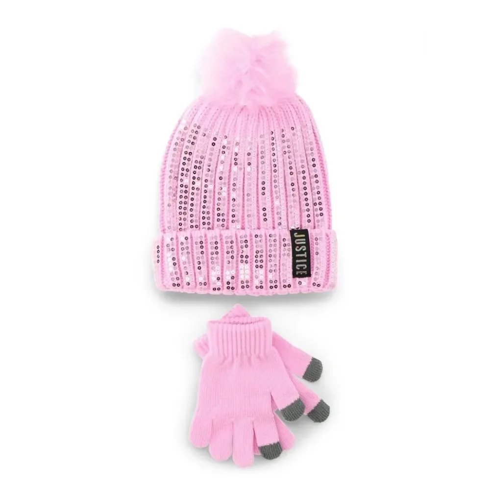 Girls Justice Ribbed & Full Print Winter Cozy Beanie and Gloves 2, 2-Piece Sets